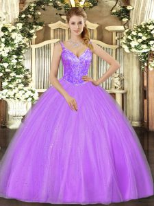 Lavender Ball Gowns V-neck Sleeveless Tulle Floor Length Lace Up Beading Sweet 16 Dresses