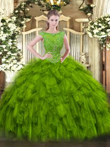 Dramatic Scoop Sleeveless Ball Gown Prom Dress Floor Length Beading and Ruffles Olive Green Organza
