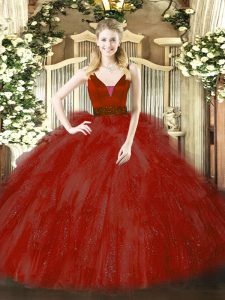 Sexy Wine Red Ball Gowns Beading and Ruffles Ball Gown Prom Dress Zipper Tulle Sleeveless Floor Length