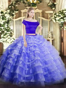 Blue Two Pieces Off The Shoulder Short Sleeves Tulle Floor Length Zipper Appliques and Ruffled Layers Ball Gown Prom Dress