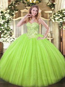 Yellow Green Ball Gowns Sweetheart Sleeveless Tulle and Sequined Floor Length Lace Up Appliques Quinceanera Dresses