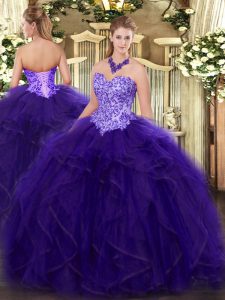 Purple Ball Gowns Organza Sweetheart Sleeveless Appliques and Ruffles Floor Length Lace Up Quinceanera Gown