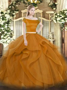 Wonderful Brown Tulle Zipper 15 Quinceanera Dress Short Sleeves Floor Length Appliques and Ruffles