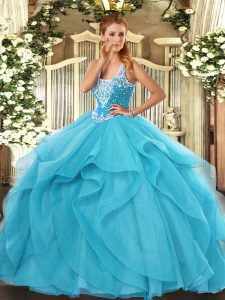 Fancy Straps Sleeveless Lace Up Quinceanera Gown Aqua Blue Tulle