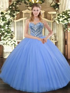 Baby Blue Ball Gowns Beading Quince Ball Gowns Lace Up Tulle Sleeveless Floor Length