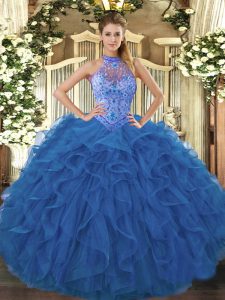 Blue Sleeveless Beading and Embroidery and Ruffles Floor Length Quince Ball Gowns