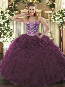 Unique Burgundy Ball Gowns Tulle Sweetheart Sleeveless Beading and Ruffled Layers Floor Length Lace Up Vestidos de Quinceanera