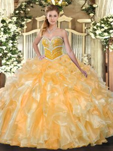 Glorious Sweetheart Sleeveless Quinceanera Dresses Floor Length Beading and Ruffles Orange Organza
