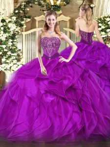 Strapless Sleeveless Lace Up Sweet 16 Dress Purple Organza