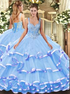 Comfortable Blue Sleeveless Organza Lace Up Sweet 16 Dress for Military Ball and Sweet 16 and Quinceanera