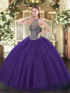 Eye-catching Purple Sleeveless Beading Floor Length 15th Birthday Dress
