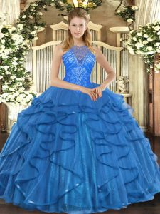 Customized Beading and Ruffles Quinceanera Dresses Teal Lace Up Sleeveless Floor Length