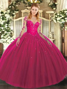 Shining Hot Pink Tulle Lace Up Scoop Long Sleeves Floor Length Quince Ball Gowns Lace