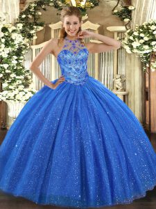 Stunning Floor Length Blue Ball Gown Prom Dress Halter Top Sleeveless Lace Up