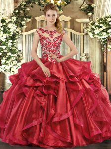 Stylish Red Cap Sleeves Organza Lace Up Quinceanera Gowns for Sweet 16 and Quinceanera