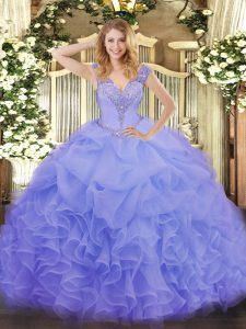 Lavender Organza Lace Up Quinceanera Gowns Sleeveless Floor Length Ruffles