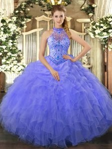Blue Ball Gowns Organza Halter Top Sleeveless Beading and Embroidery and Ruffles Floor Length Lace Up 15th Birthday Dress