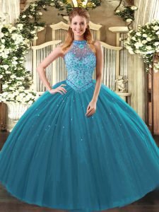 Teal Lace Up Quince Ball Gowns Beading and Embroidery Sleeveless Floor Length