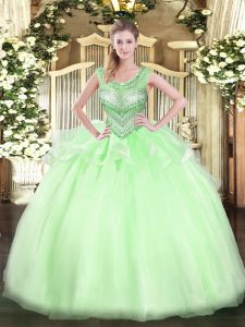 Apple Green Organza Lace Up Scoop Sleeveless Floor Length Quinceanera Gown Beading