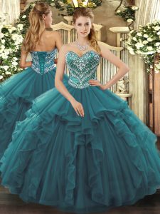 Best Sleeveless Floor Length Beading and Ruffles Lace Up 15 Quinceanera Dress with Turquoise