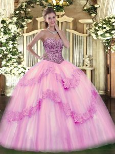 Attractive Pink Tulle Lace Up 15 Quinceanera Dress Sleeveless Floor Length Beading and Appliques and Ruffles