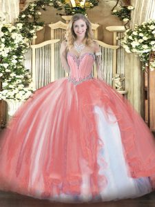 Ball Gowns Quinceanera Gown Coral Red Sweetheart Tulle Sleeveless Floor Length Lace Up