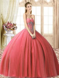 Romantic Coral Red Tulle Lace Up Sweetheart Sleeveless Floor Length Quince Ball Gowns Beading