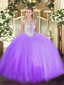 Sleeveless Tulle Floor Length Zipper Ball Gown Prom Dress in Lavender with Beading