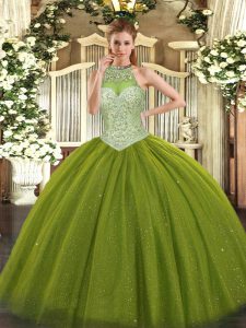 Fashionable Olive Green Tulle Lace Up Quinceanera Dress Sleeveless Floor Length Beading