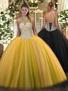 Super Gold 15th Birthday Dress Military Ball and Sweet 16 and Quinceanera with Beading Halter Top Sleeveless Lace Up