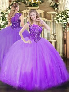 New Arrival Sleeveless Tulle Floor Length Zipper Quince Ball Gowns in Lilac with Beading