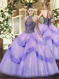 Lavender Lace Up Halter Top Beading and Appliques Ball Gown Prom Dress Tulle Sleeveless