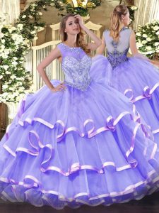 Captivating Lavender Scoop Neckline Beading and Ruffled Layers 15th Birthday Dress Sleeveless Zipper