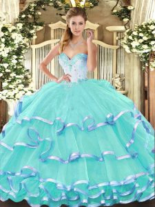 Turquoise Ball Gowns Beading and Ruffled Layers Quinceanera Dress Lace Up Organza Sleeveless Floor Length