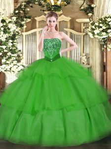 Glittering Tulle Strapless Sleeveless Lace Up Beading and Ruffled Layers Quinceanera Gowns in Green