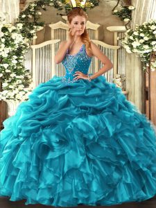 Ideal Teal Lace Up Straps Beading and Ruffles and Pick Ups Sweet 16 Dresses Organza Sleeveless