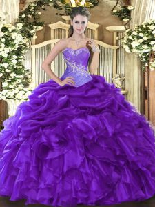 Purple Ball Gowns Sweetheart Sleeveless Organza Floor Length Lace Up Beading and Ruffles and Pick Ups Sweet 16 Dress