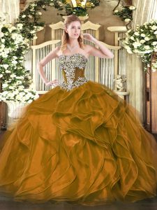 Best Selling Brown Ball Gowns Beading and Ruffles Ball Gown Prom Dress Lace Up Organza Sleeveless Floor Length