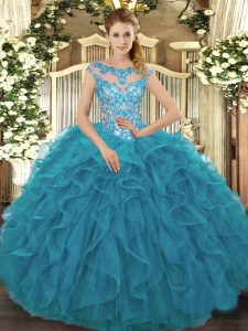 Ball Gowns Quinceanera Dress Teal Scoop Organza Cap Sleeves Floor Length Lace Up