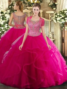 Inexpensive Hot Pink Ball Gowns Beading and Ruffled Layers Quinceanera Dress Clasp Handle Tulle Sleeveless Floor Length