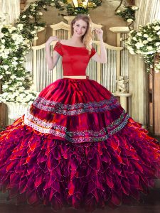On Sale Two Pieces Quinceanera Gowns Fuchsia Off The Shoulder Organza and Taffeta Short Sleeves Floor Length Zipper