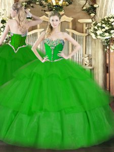 Sleeveless Tulle Floor Length Lace Up Ball Gown Prom Dress in Green with Beading and Ruffled Layers