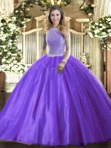 Dramatic Lavender Lace Up High-neck Beading 15 Quinceanera Dress Tulle Sleeveless