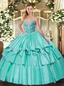 Decent Apple Green Sleeveless Floor Length Beading and Ruffled Layers Lace Up Sweet 16 Dresses