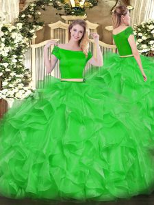 Vintage Green Two Pieces Off The Shoulder Short Sleeves Organza Floor Length Zipper Appliques and Ruffles Sweet 16 Dresses
