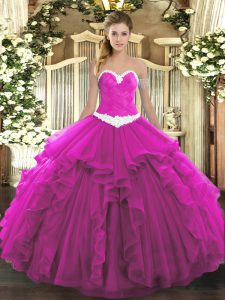Attractive Fuchsia Ball Gowns Appliques and Ruffles 15 Quinceanera Dress Lace Up Organza Sleeveless Floor Length