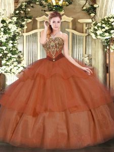 Ideal Rust Red Strapless Lace Up Beading and Ruffled Layers Ball Gown Prom Dress Sleeveless