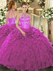 Halter Top Sleeveless Lace Up Sweet 16 Dresses Fuchsia Organza