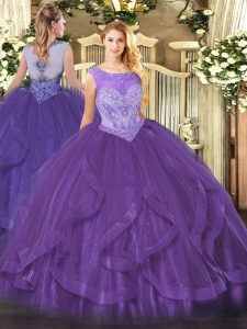 Amazing Eggplant Purple Lace Up Ball Gown Prom Dress Beading and Ruffles Sleeveless Floor Length