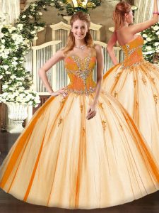 Dynamic Gold Ball Gowns Tulle Sweetheart Sleeveless Beading Floor Length Lace Up 15th Birthday Dress